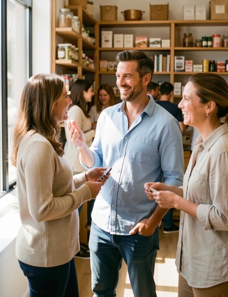 A business owner thriving in a busy, lively shop, talking with happy customers.
