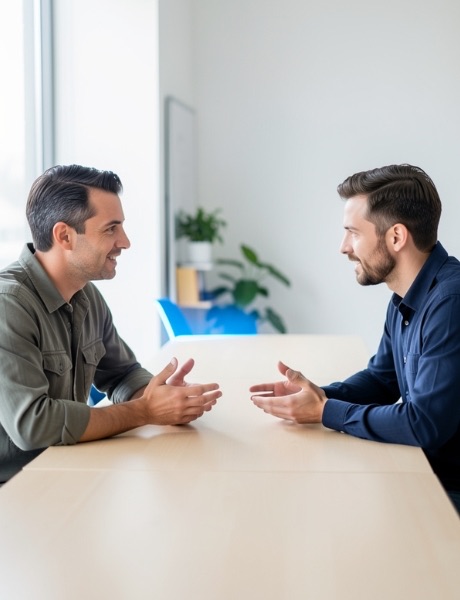 A business owner and a growth strategist talking across a table, understanding each other.